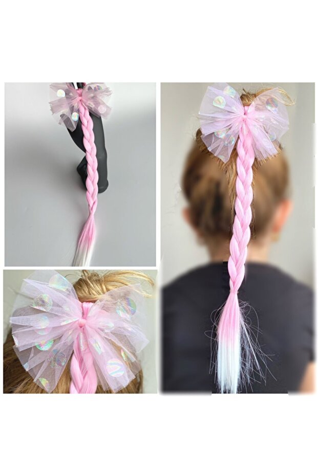 Hologram Polka Dot Tulle Bow Pastel Pink White Balayed Rapunzel Braid Hair Hairpiece Buckle