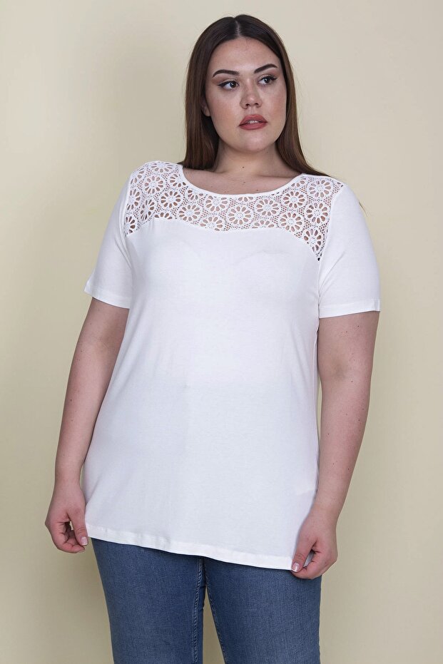 Women's Large Size Bone Robe Lace Detailed Blouse 65n25764 - 1