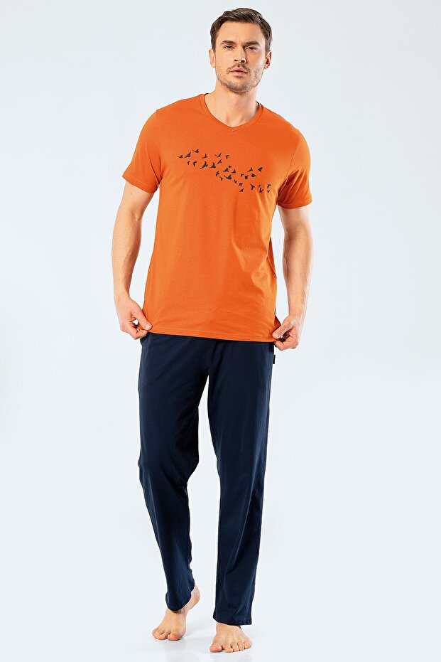 Printed V-Neck Trousers Pajamas Set 100% Cotton
