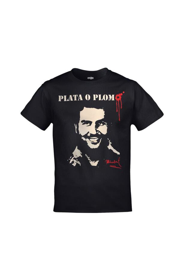 تيشيرت أسود مطبوع للجنسين من Narcos Plata O Plomo