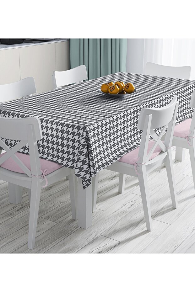 Digital Printed Tablecloth with Gray Plaid Pattern on White Background