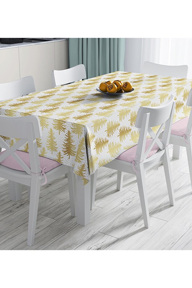 Gold Colored Pine Tree Patterned Digital Printed Tablecloth on White Background - 1