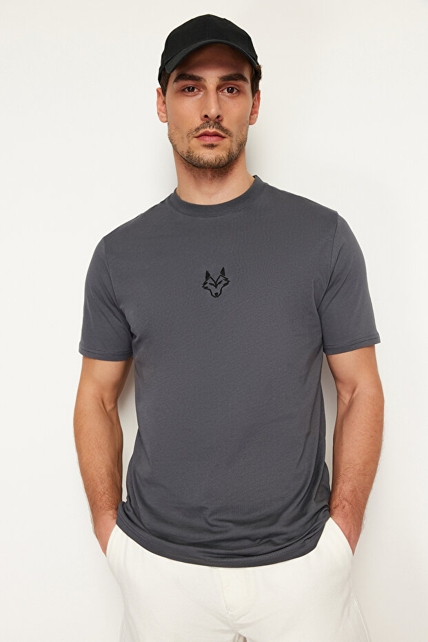 Antrasit Regular/Normal Kesim Kurt Nakışlı %100 Pamuklu T-Shirt TMNSS24TS00056 - 3