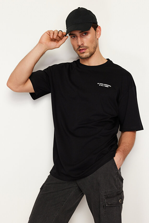 Siyah Oversize/Geniş Kesim Yazı Baskılı %100 Pamuklu T-Shirt TMNSS24TS00014 - 3