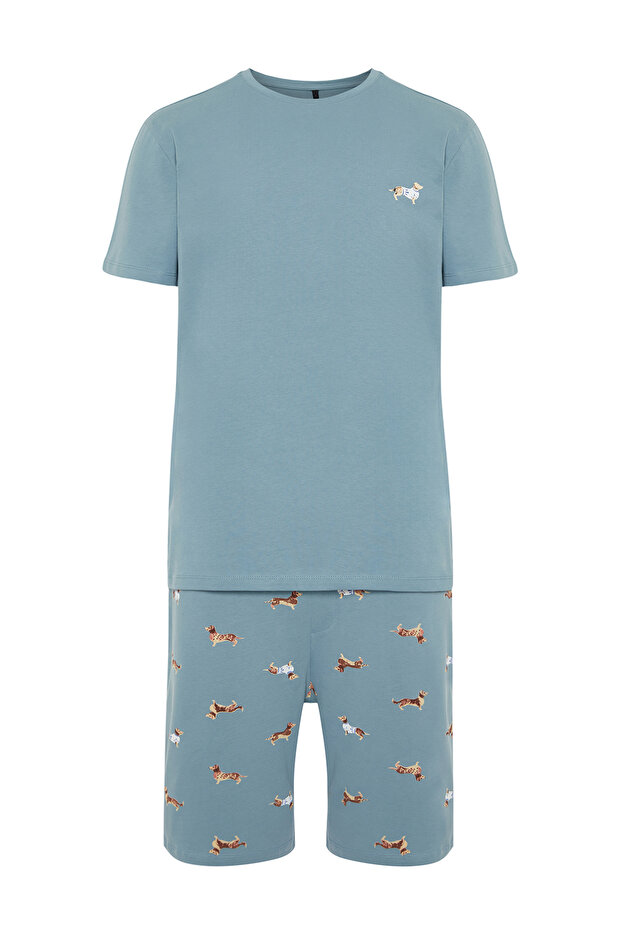 Unisex Mavi %100 Pamuk Regular Fit Baskılı Örme Şortlu Yazlık Pijama Takımı THMSS21PT0920 - 7