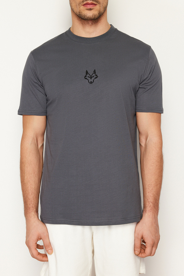 Antrasit Regular/Normal Kesim Kurt Nakışlı %100 Pamuklu T-Shirt TMNSS24TS00056 - 5