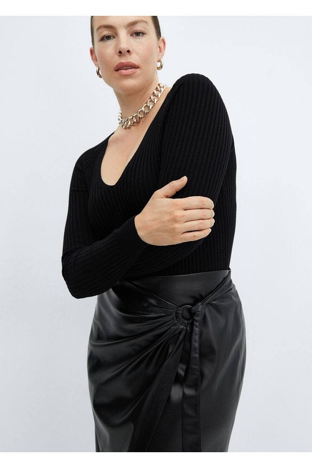 Drape Deri Görünümlü Midi Etek - 5