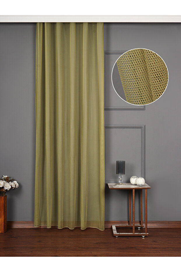 Extraform Gathered Olive Green Tulle Curtain Leaded Honeycomb