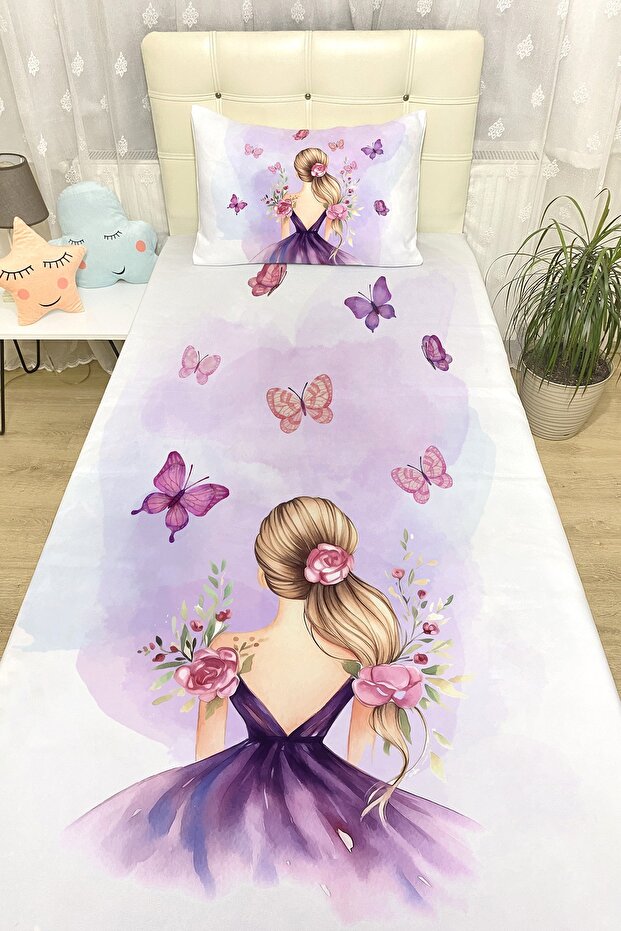 Rose Butterfly Girl Patterned Bedspread and Pillowcase