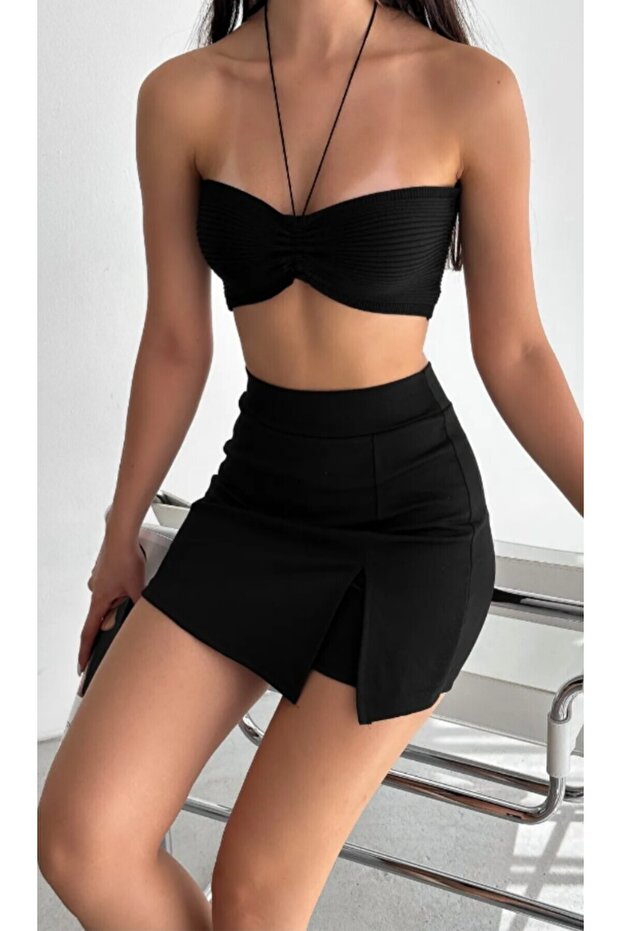 tek yırtmaçlı mini şort etek - 3