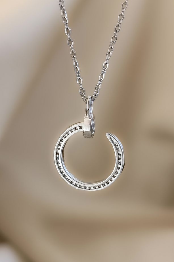 Silver Çivi Model Yuvarlak Zirkon Taş Sıralı Minimal Çelik Kolye - 5