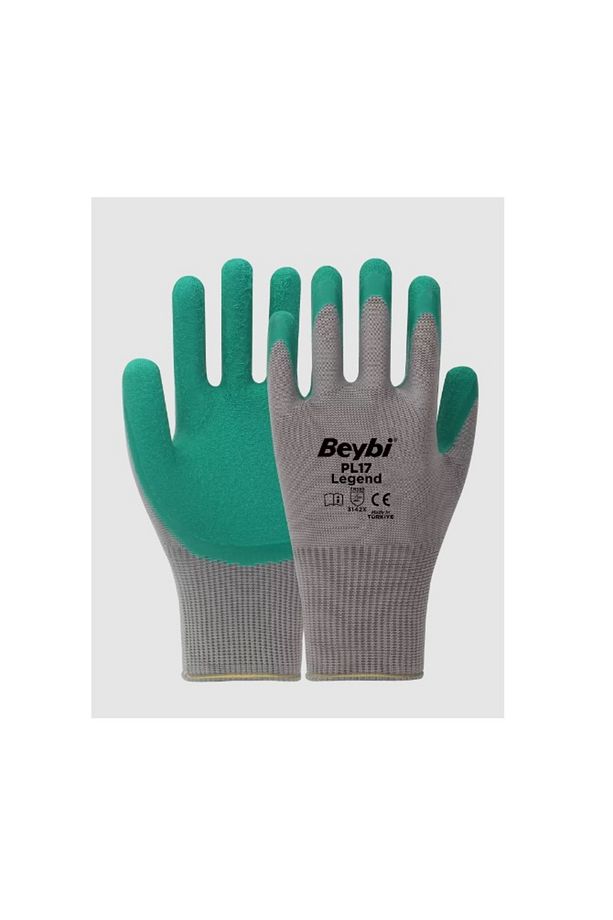 Pl17 9 Beden Gri-Yeşil Legend Polyester Örme Lateks Eldiven (12 Çift) - 1