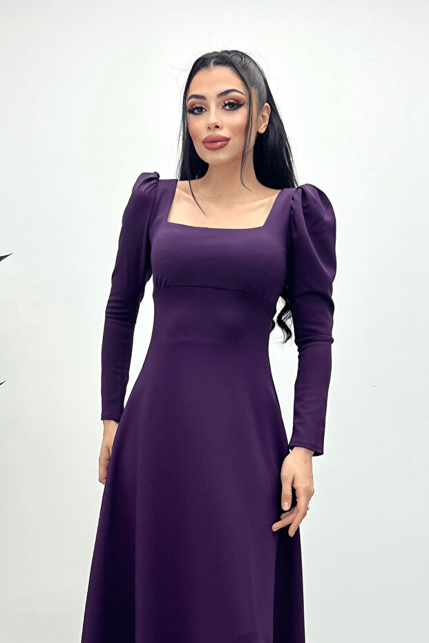 Krep Kumaş Kare Yaka Midi Elbise - Patlıcan Mor - 1