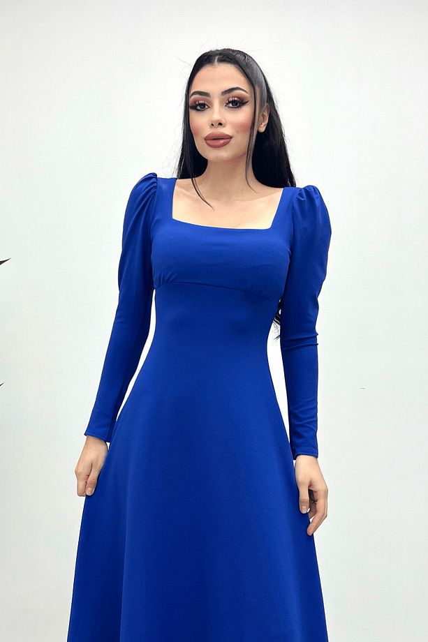 Krep Kumaş Kare Yaka Midi Elbise - Saks Mavisi - 2