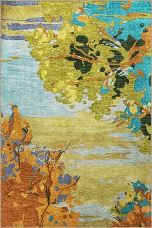 Blue Green Themed Abstract Tree Patterned Fringed Modern Decorative Carpet 3163