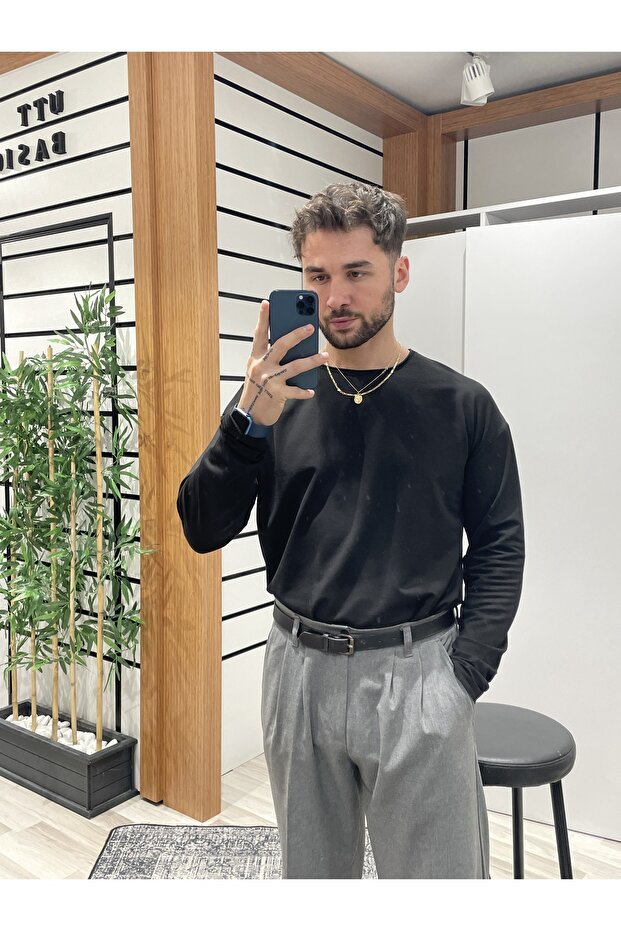 Siyah Oversize Bisiklet Yaka Badi - 5