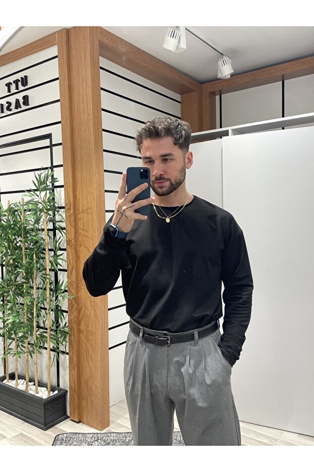 Siyah Oversize Bisiklet Yaka Badi - 1