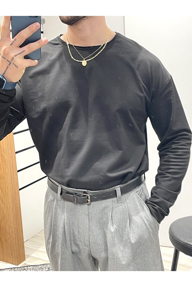 Siyah Oversize Bisiklet Yaka Badi - 2