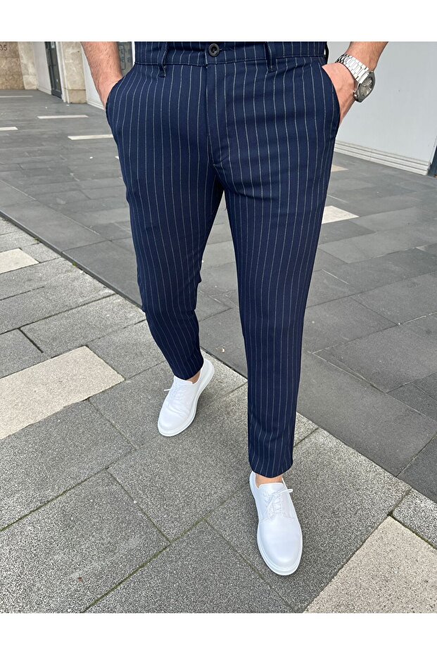 Men's Italian Cut Slim Fit Quality Stretchy Lycra Striped Ankle Length Fabric Trousers