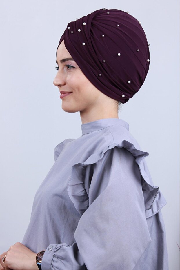 Women's Hijab Pearl and Stoned Vera Outer Bonnet Purple