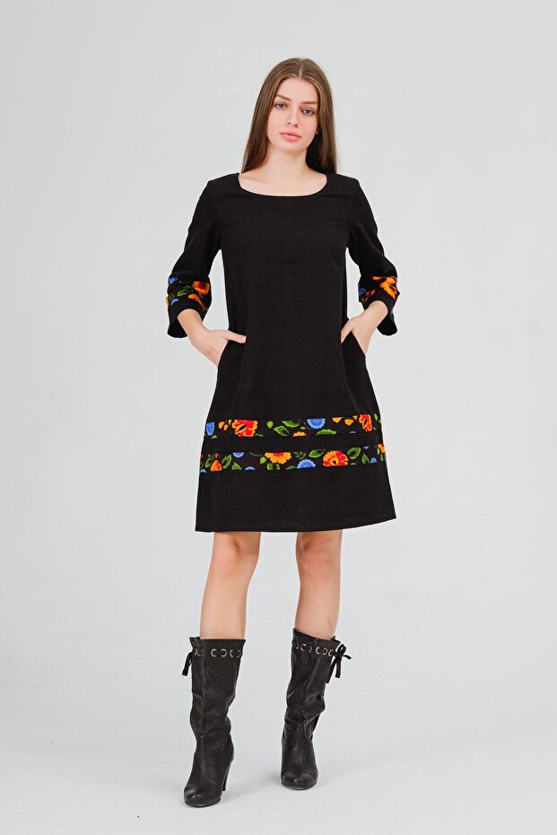 Women's Black Divitin Plain Flannel to Cat Original Skirt Stripe Winter Dress