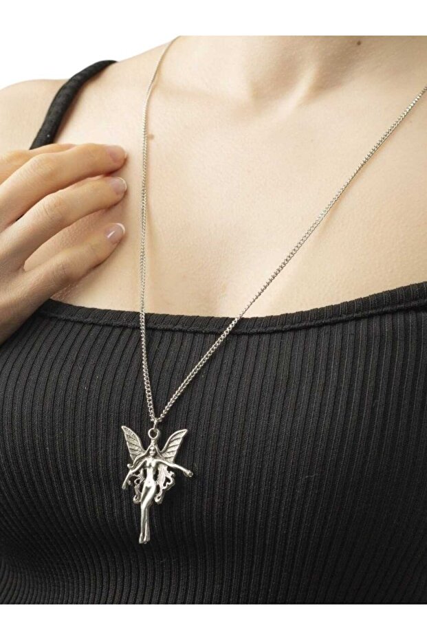 Unisex Winged Angel Figured Antique Silver Plated Lover Necklace