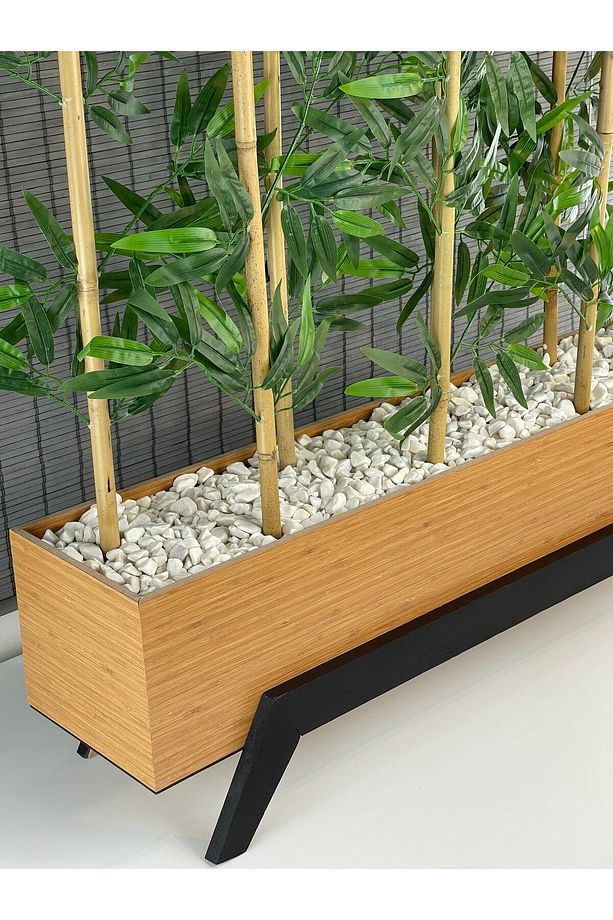 Ahşap 1mt Saksılı 10gövde 180cm Yapay Yapraklı Dekoratif Bambu Seperatör Modern Ayaklı Tasarım Saksı - 7