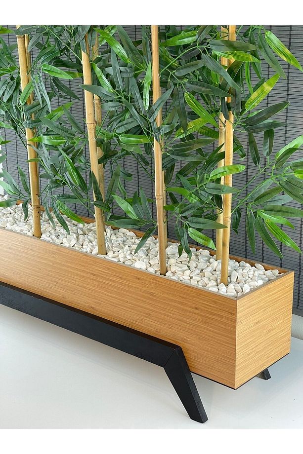 Ahşap 1mt Saksılı 10gövde 180cm Yapay Yapraklı Dekoratif Bambu Seperatör Modern Ayaklı Tasarım Saksı - 6