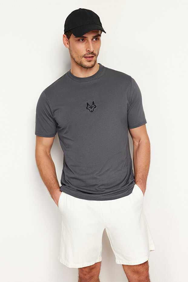 Antrasit Regular/Normal Kesim Kurt Nakışlı %100 Pamuklu T-Shirt TMNSS24TS00056 - 1
