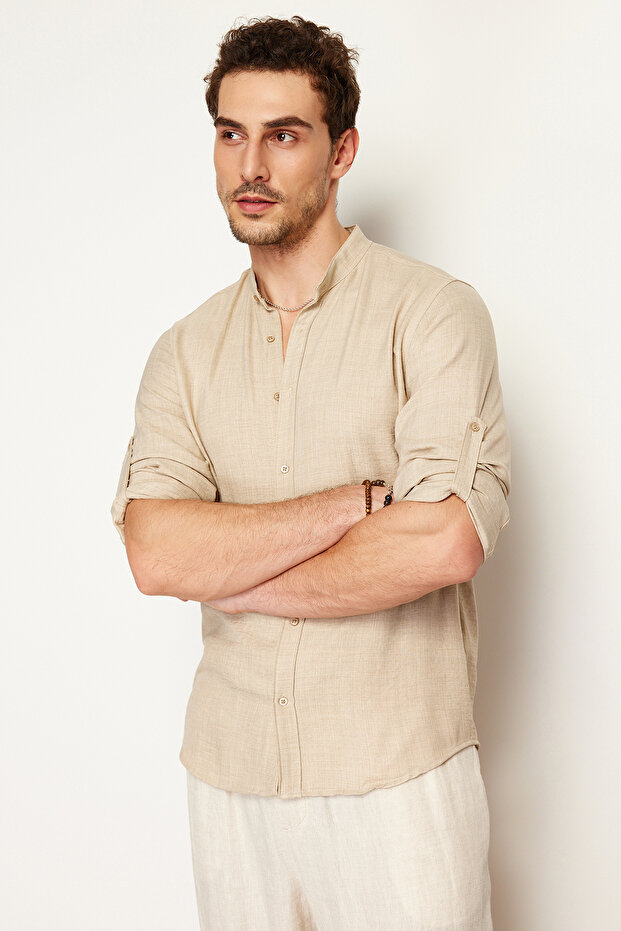 Taş Slim Fit Hakim Yaka Rahat Keten Görünümlü Gömlek TMNSS24GO00031 - 3