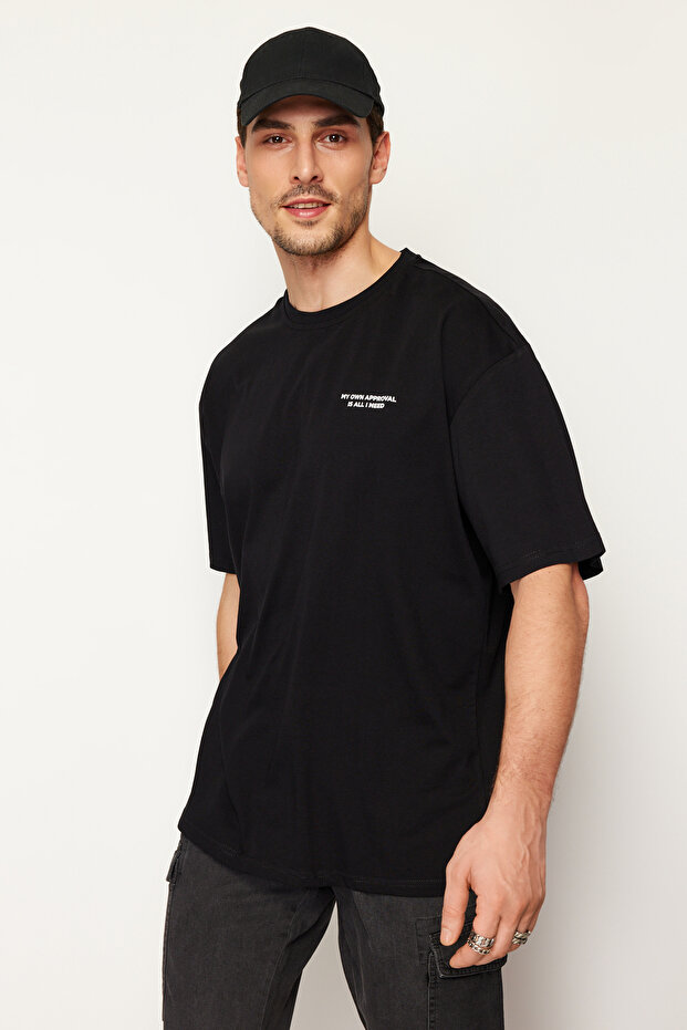 Siyah Oversize/Geniş Kesim Yazı Baskılı %100 Pamuklu T-Shirt TMNSS24TS00014 - 4
