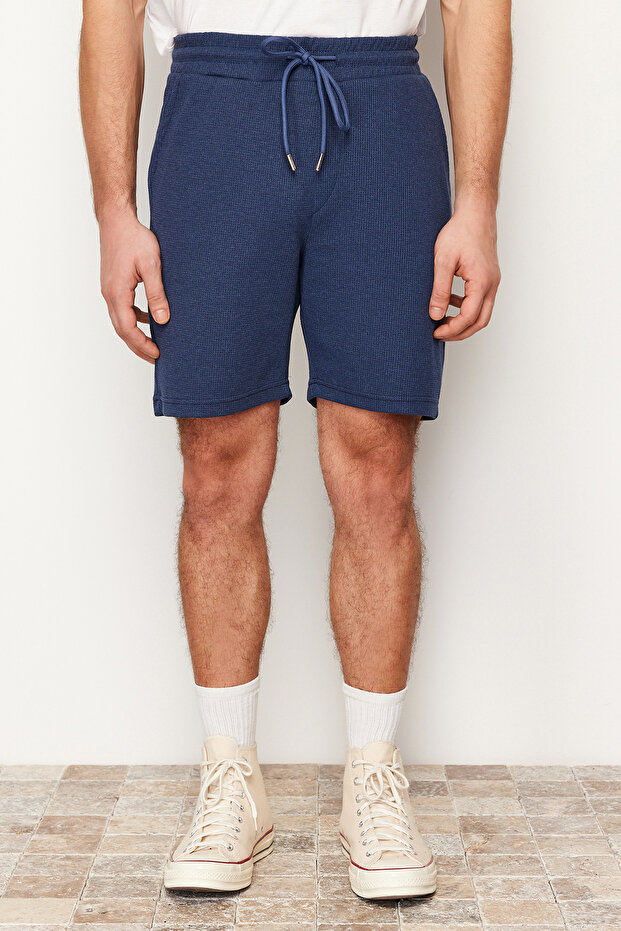 Indigo Slim/Fitted Textured Waffle Elastic Waist Drawstring Shorts Tmnss24Sr00029
