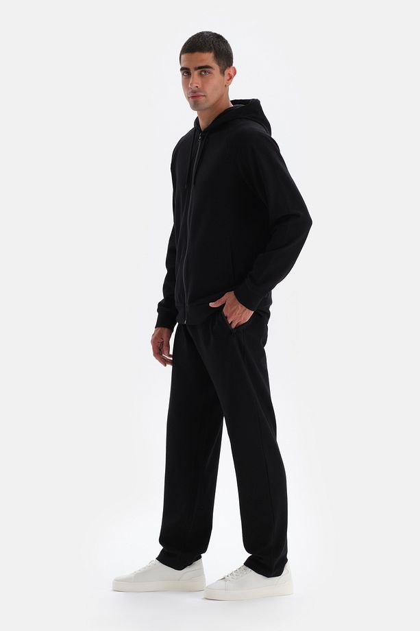 Siyah Kapüşonlu Fermuarlı Sweatshirt - 3