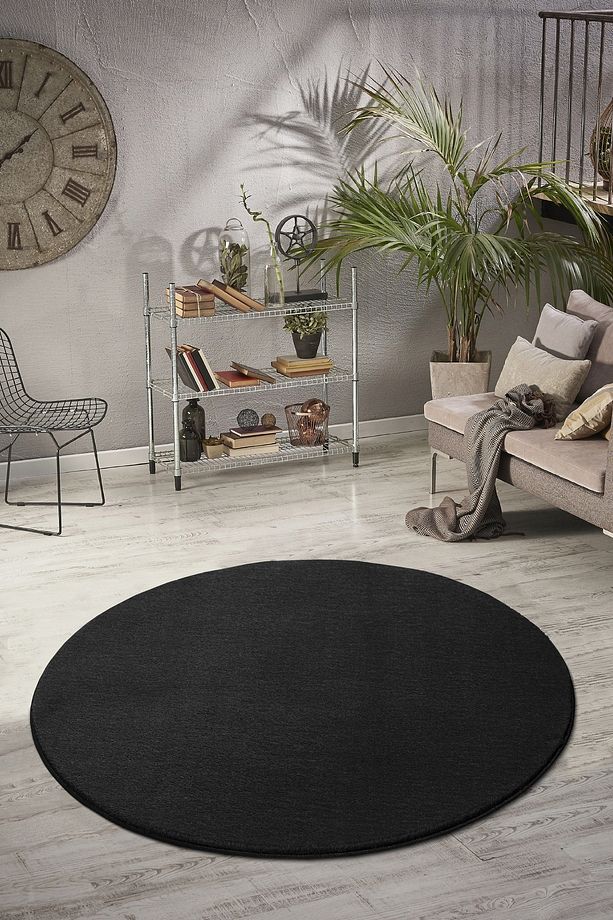 Vl Comfort Yuvarlak Overloklu Peluş Yıkanabilir Siyah Yolluk - 1