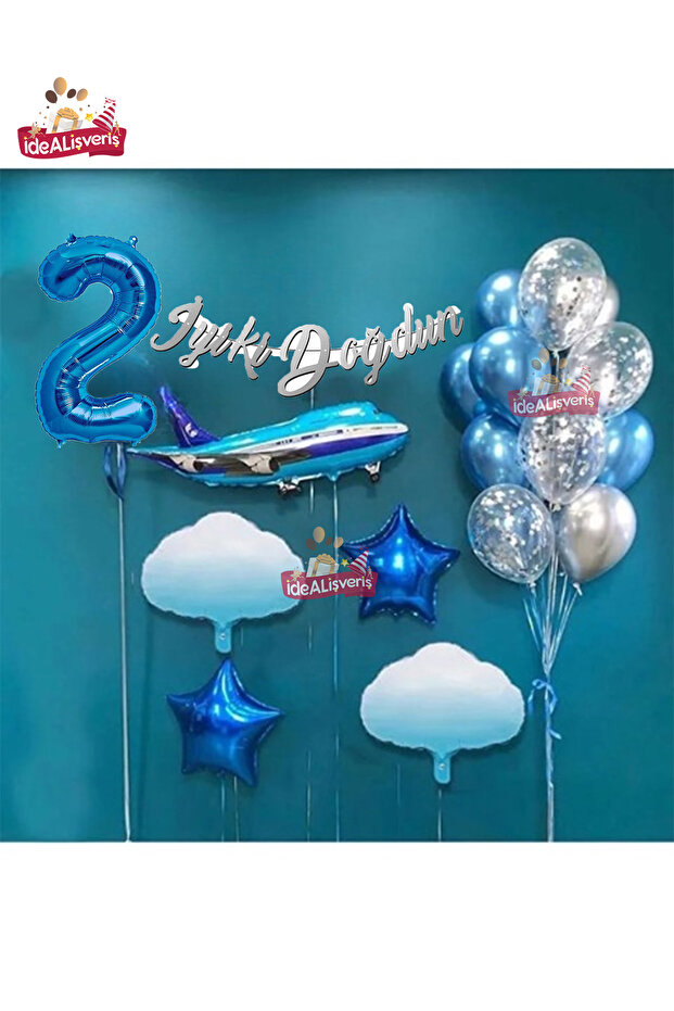 Sky Themed 2 Years Old Cloud Airplane Silver Blue Birthday Party Set with Foil Balloons
