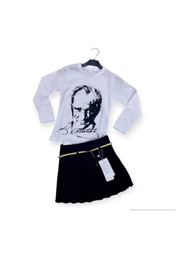 Girl's long-sleeved ATATURK Printed T-shirt-Pleated Skirt Bottom Top Suit
