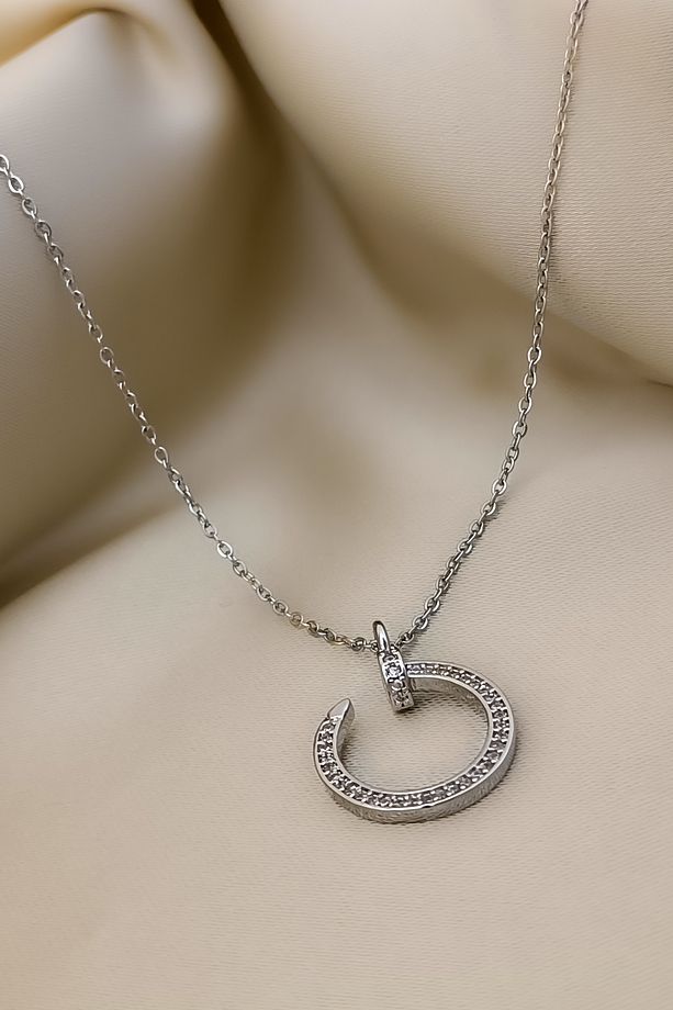 Silver Çivi Model Yuvarlak Zirkon Taş Sıralı Minimal Çelik Kolye - 3