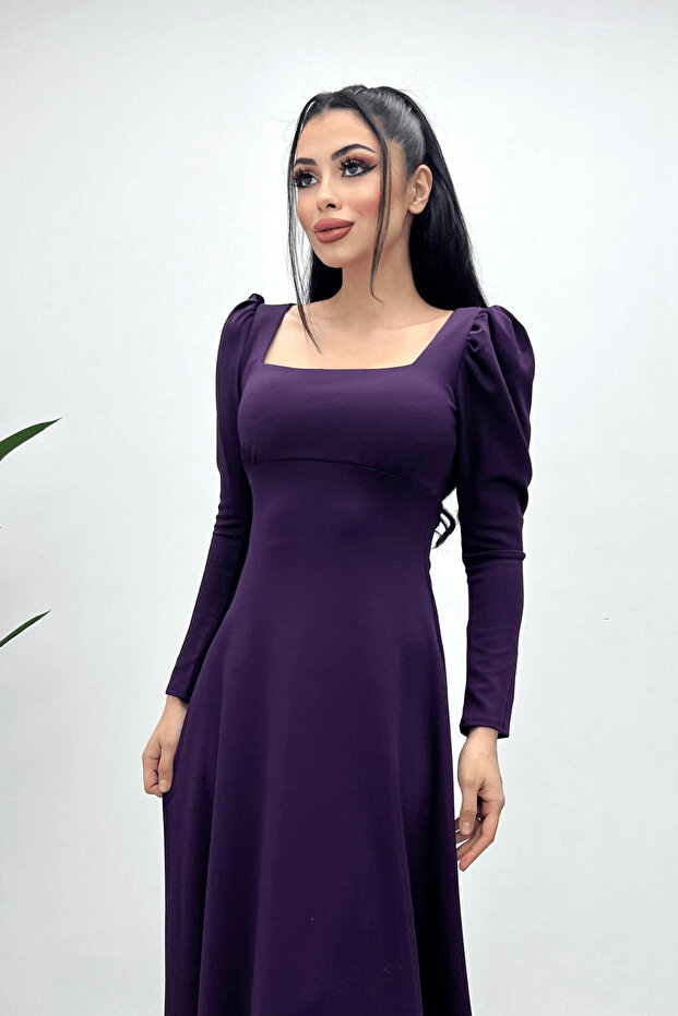 Krep Kumaş Kare Yaka Midi Elbise - Patlıcan Mor - 2