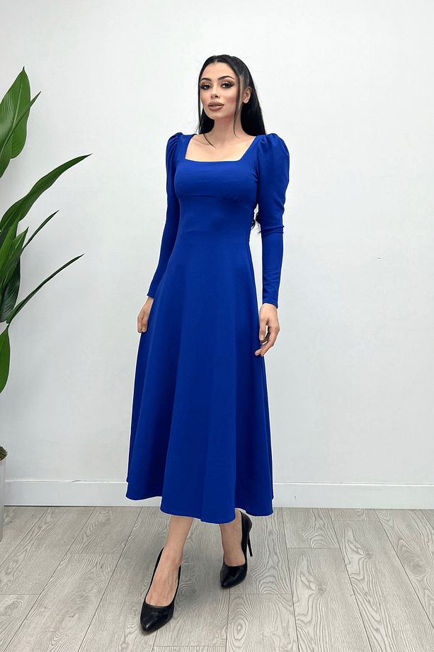 Krep Kumaş Kare Yaka Midi Elbise - Saks Mavisi - 4