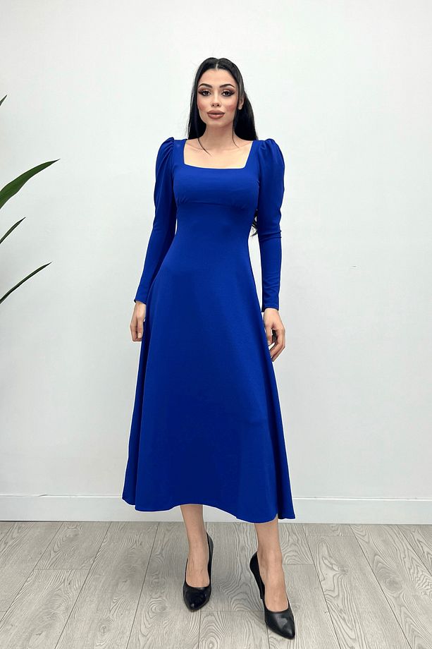 Krep Kumaş Kare Yaka Midi Elbise - Saks Mavisi - 3