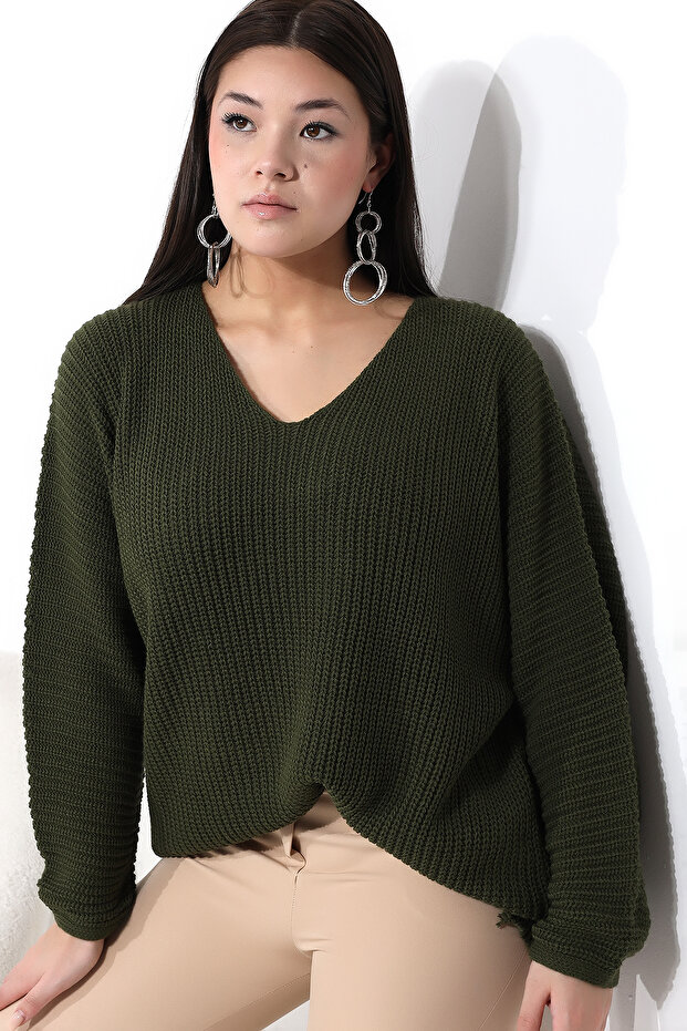 Women's Khaki V-Neck Thessaloniki Knit Oversize Knitwear Sweater