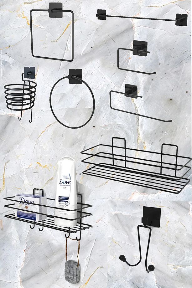 9'lu Set Siyah Fön Makinesi Askısı Havluluk Wc/Tuvalet Kağıtlık Rulo Havluluk Şampunanlık Banyo Set - 1