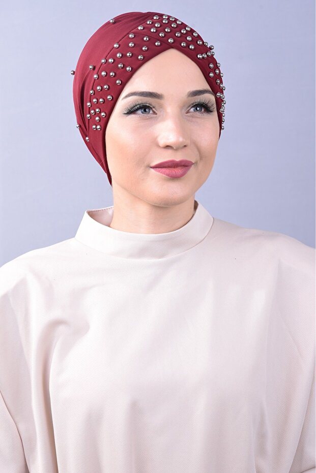 Women's Hijab Pearl and Stoned Pool Outer Bonnet Claret Red