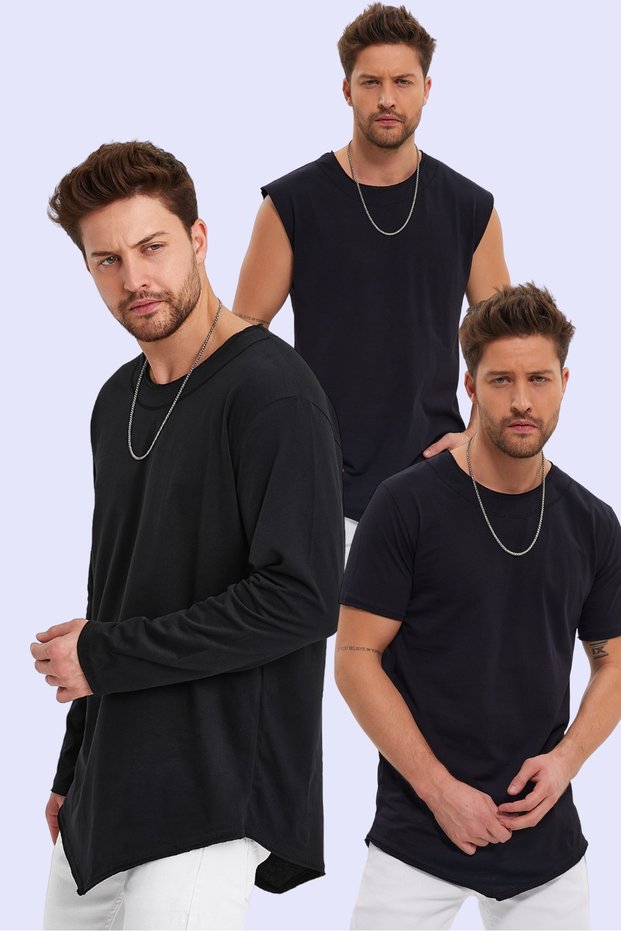 3-Piece Advantageous Pack Black T-Shirt with Wide Collar Asymmetric and Filthy Cut Detail