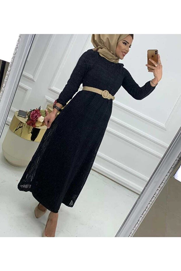 Women's Hijab Black Lace Lined Straw Belt Dress