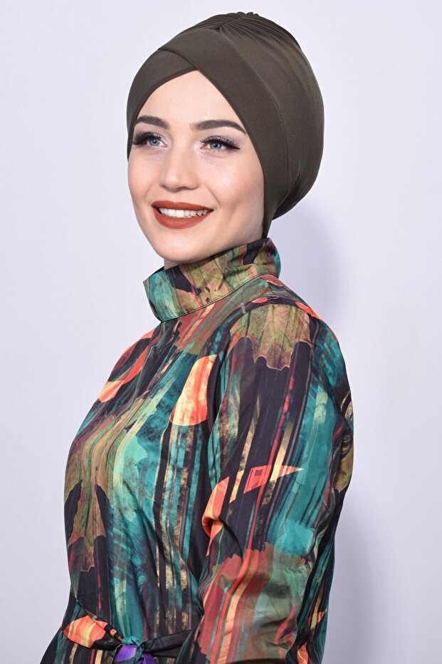Hijab Sea Pool Cap Cross Knot Model Khaki (4 Seasons Use)