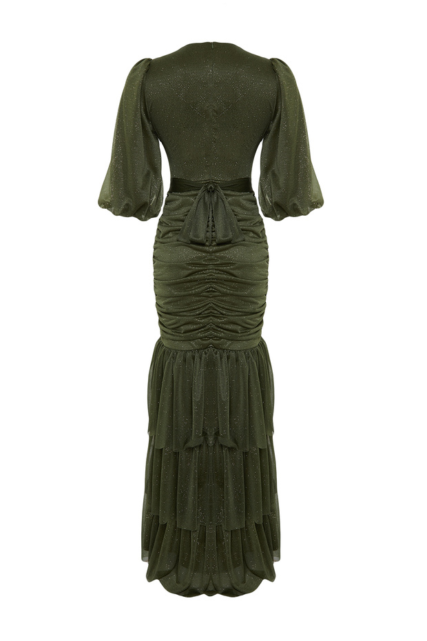 Khaki fodros részletes hosszú ezüst estélyi ruha TCTSS24DB00039 - 7