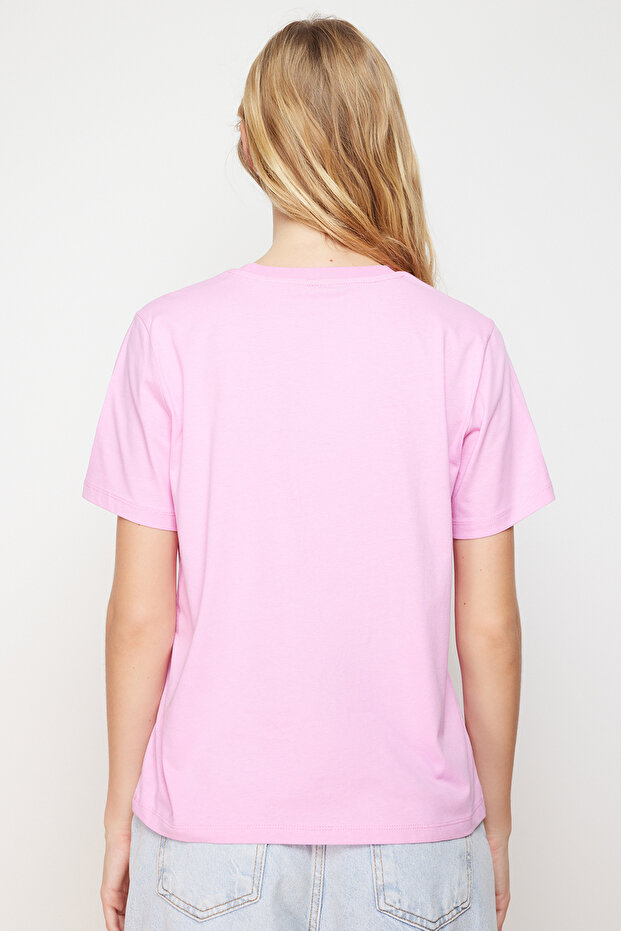Pembe %100 Pamuk Basic Bisiklet Yaka Örme T-Shirt TWOSS23TS00000 - 6
