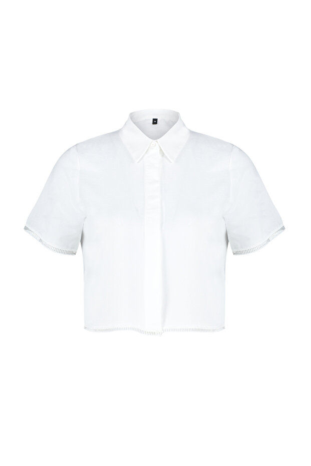 Ekru Kısa Kollu Crop Dantelli Cupra Kumaş Dokuma Gömlek TWOSS24GO00031 - 7
