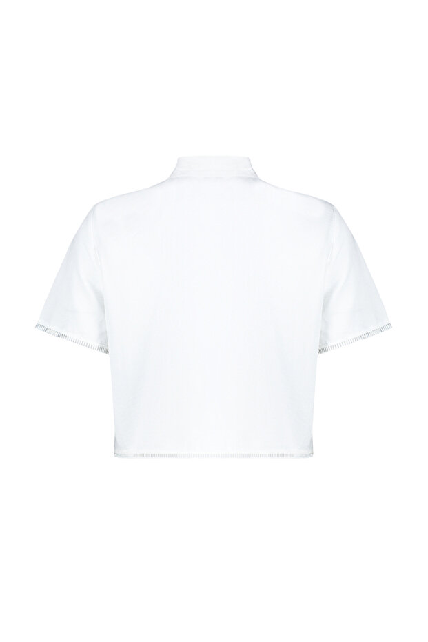 Ekru Kısa Kollu Crop Dantelli Cupra Kumaş Dokuma Gömlek TWOSS24GO00031 - 8